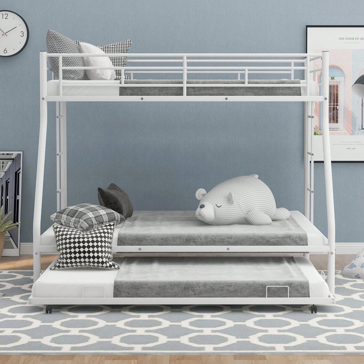 Sturdy Twin Over Full Bunk Bed With Twin Trundle And Dual Ladders In Black Finish