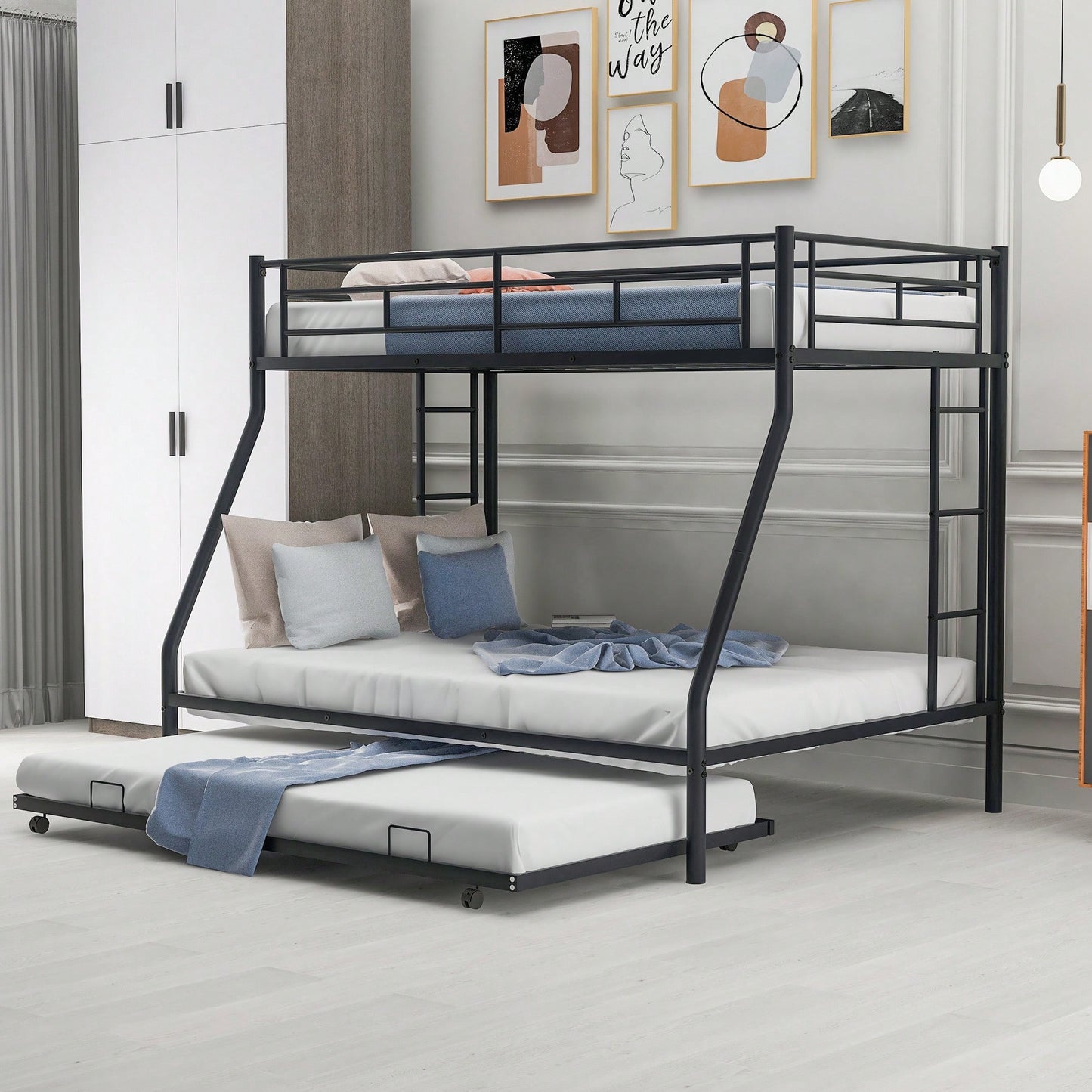 Sturdy Twin Over Full Bunk Bed With Twin Trundle And Dual Ladders In Black Finish