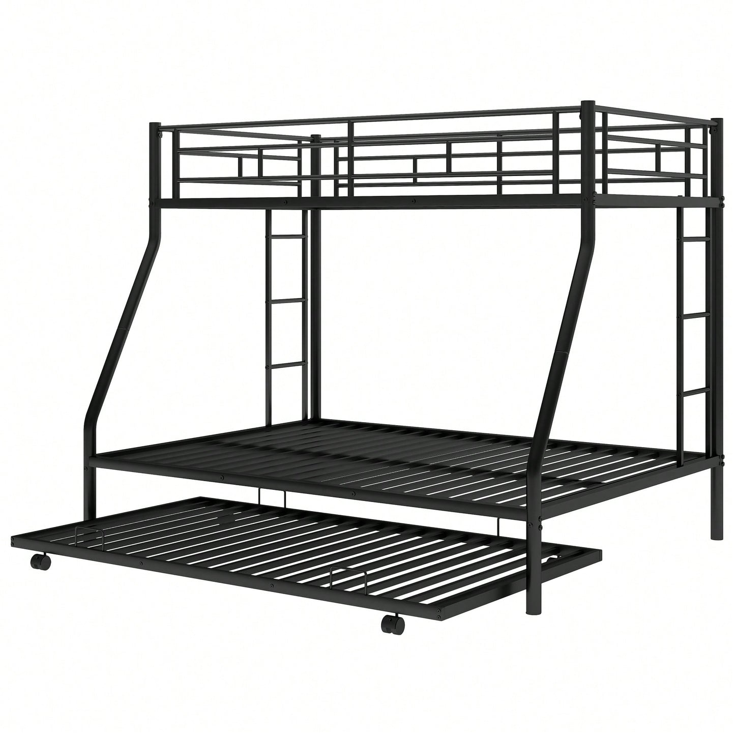 Sturdy Twin Over Full Bunk Bed With Twin Trundle And Dual Ladders In Black Finish