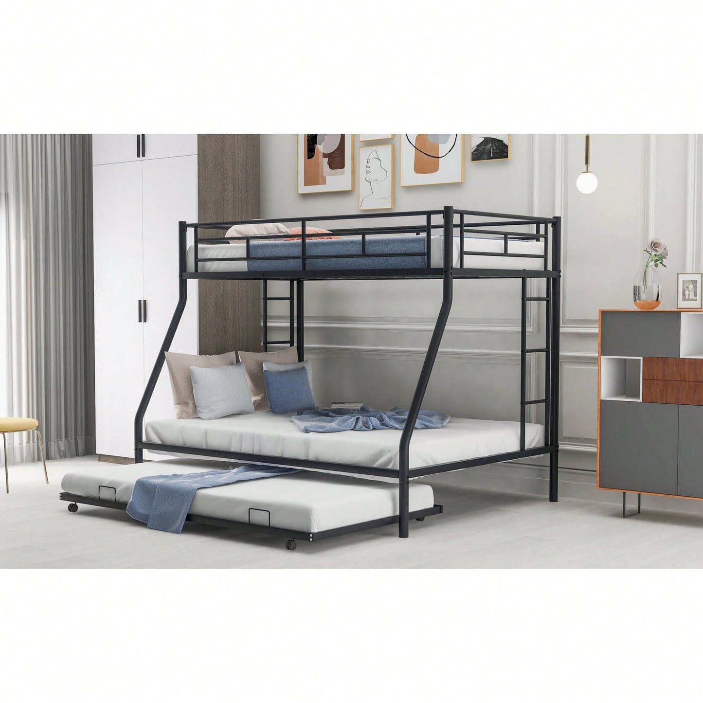 Sturdy Twin Over Full Bunk Bed With Twin Trundle And Dual Ladders In Black Finish