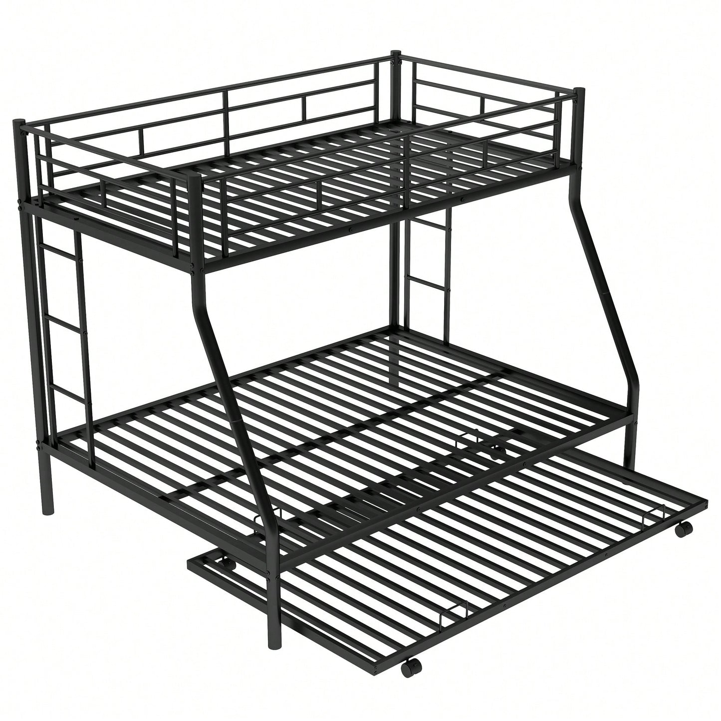Sturdy Twin Over Full Bunk Bed With Twin Trundle And Dual Ladders In Black Finish