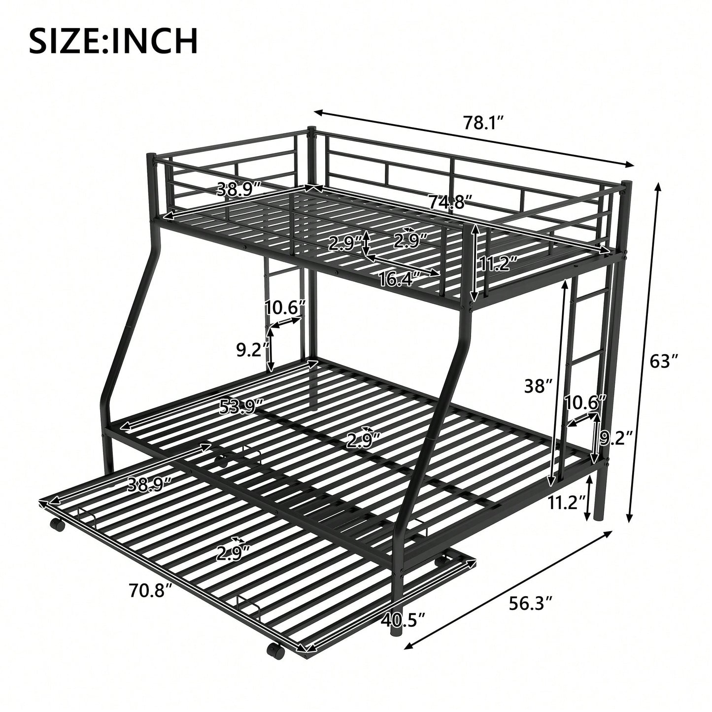 Sturdy Twin Over Full Bunk Bed With Twin Trundle And Dual Ladders In Black Finish