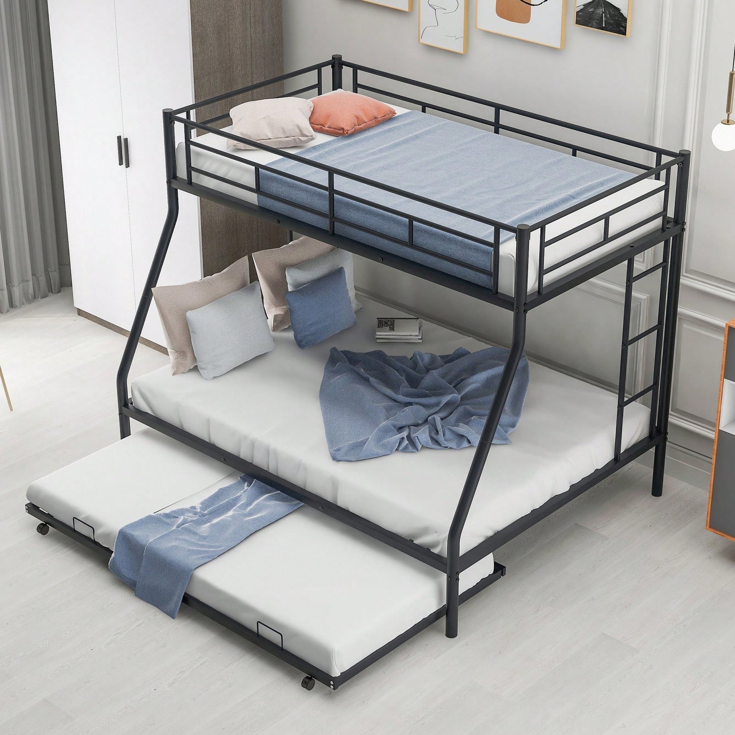 Sturdy Twin Over Full Bunk Bed With Twin Trundle And Dual Ladders In Black Finish