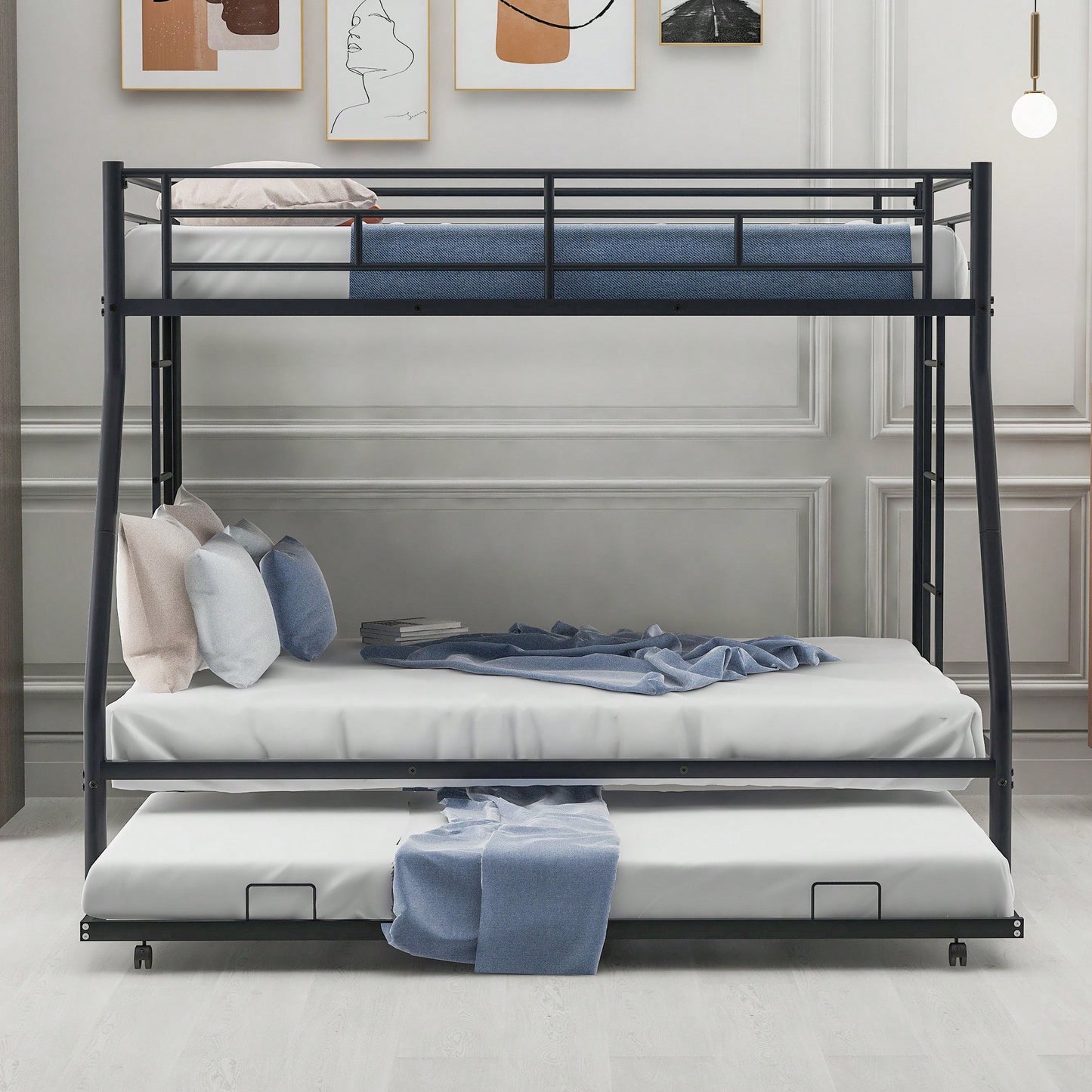Sturdy Twin Over Full Bunk Bed With Twin Trundle And Dual Ladders In Black Finish