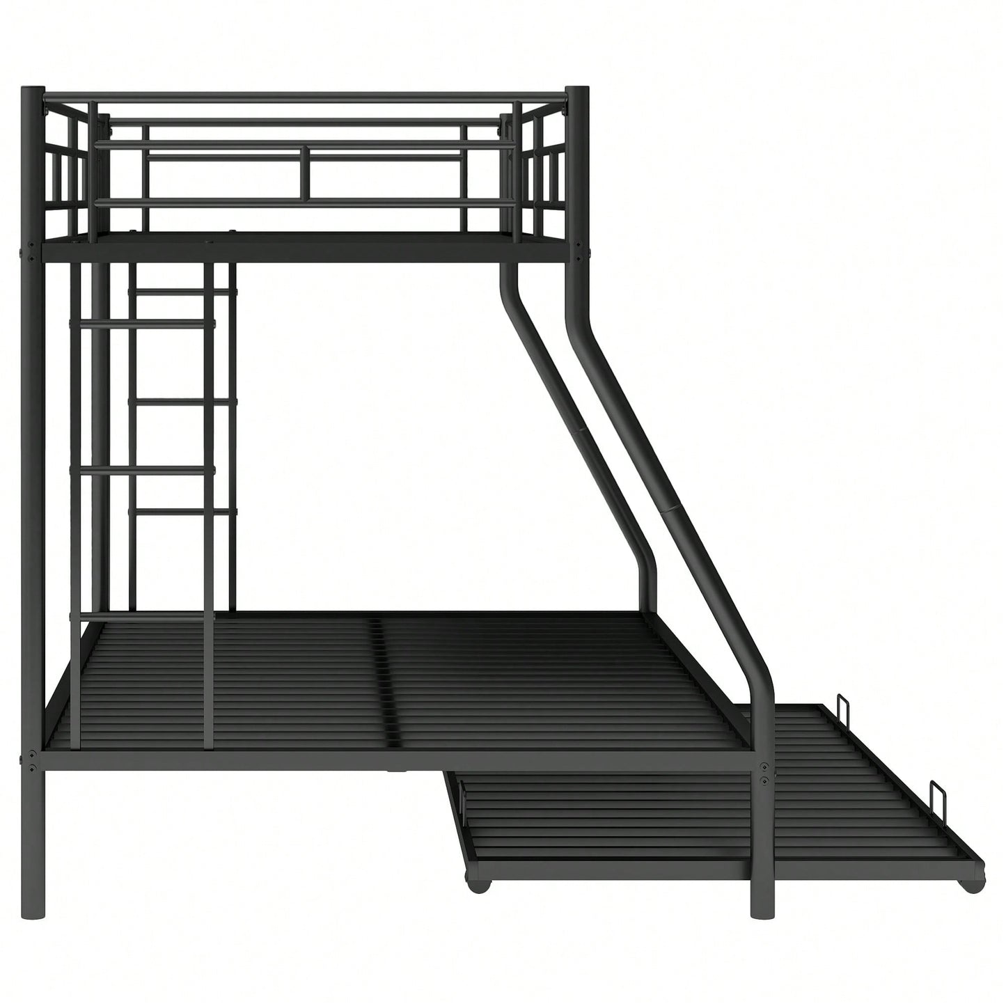 Sturdy Twin Over Full Bunk Bed With Twin Trundle And Dual Ladders In Black Finish