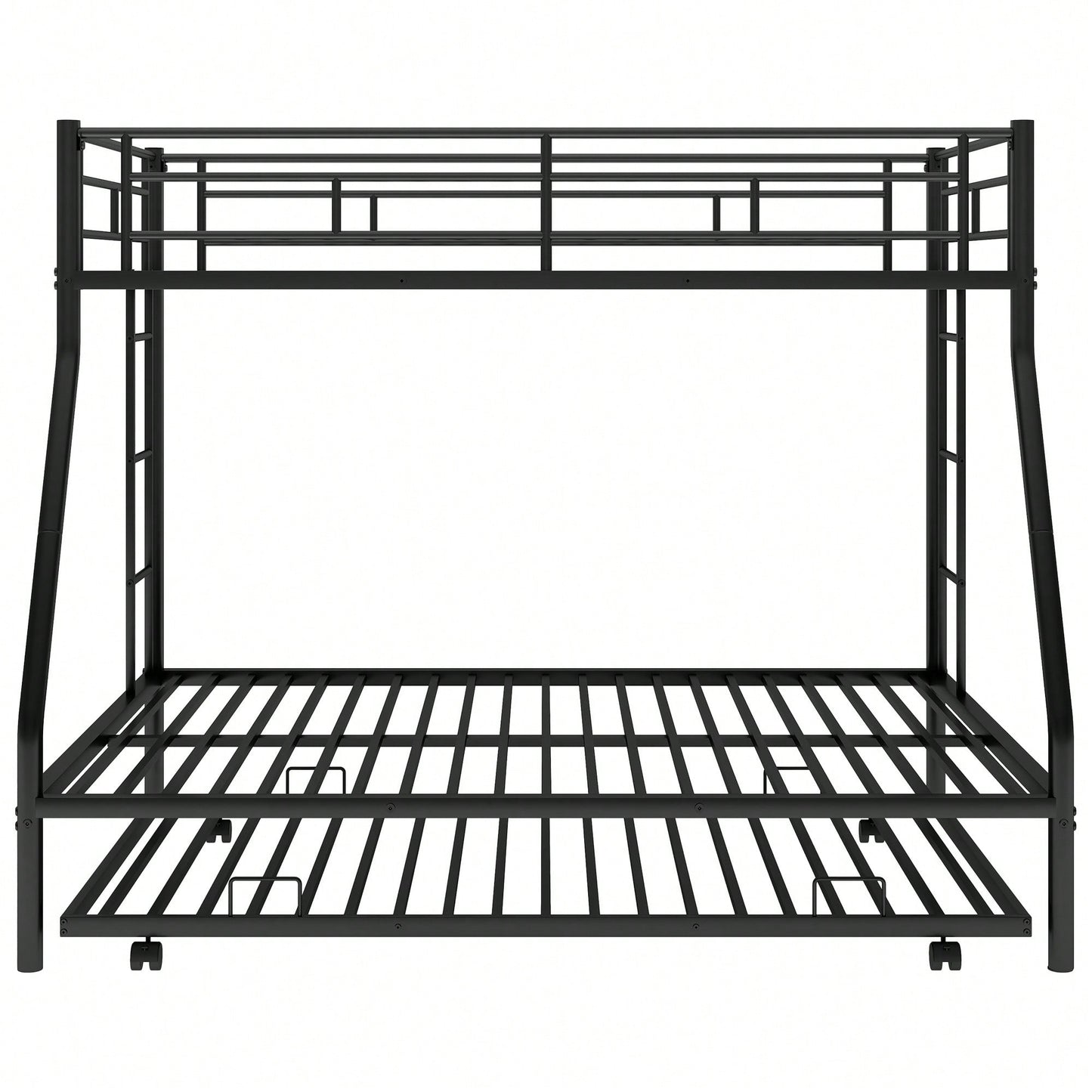 Sturdy Twin Over Full Bunk Bed With Twin Trundle And Dual Ladders In Black Finish