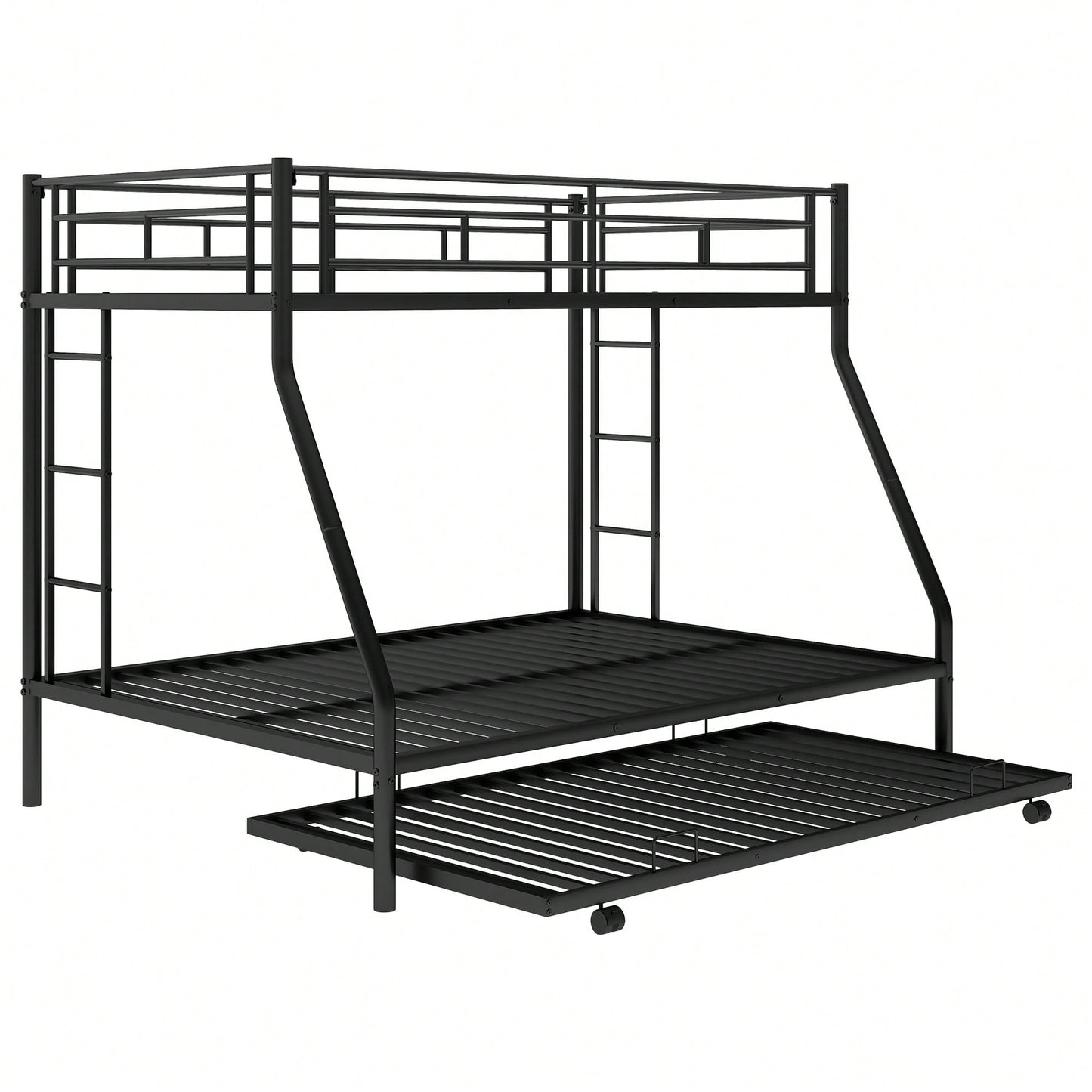 Sturdy Twin Over Full Bunk Bed With Twin Trundle And Dual Ladders In Black Finish