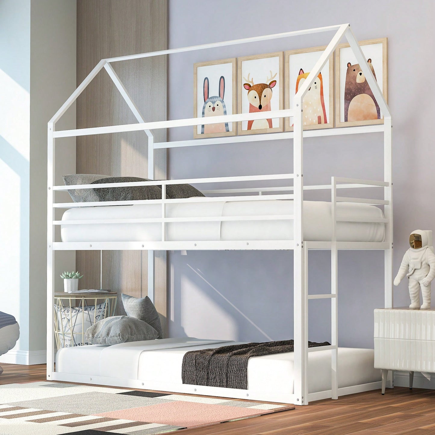 Twin Over Twin Metal Bunk Bed Frame For Kids With Built-In Ladder - No Box Spring Required - White Finish