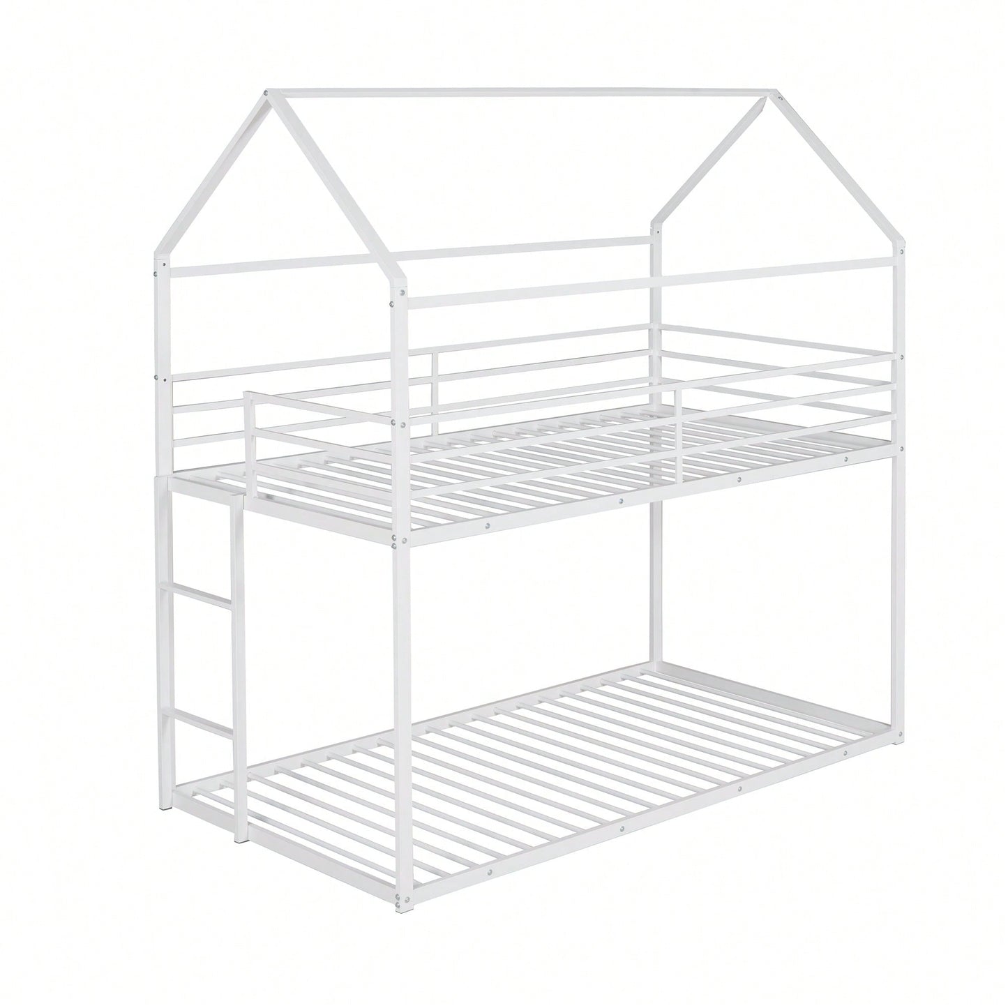 Twin Over Twin Metal Bunk Bed Frame For Kids With Built-In Ladder - No Box Spring Required - White Finish