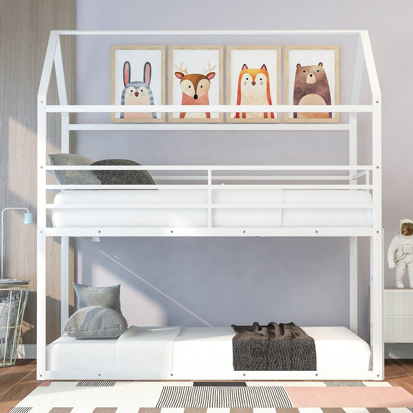 Twin Over Twin Metal Bunk Bed Frame For Kids With Built-In Ladder - No Box Spring Required - White Finish