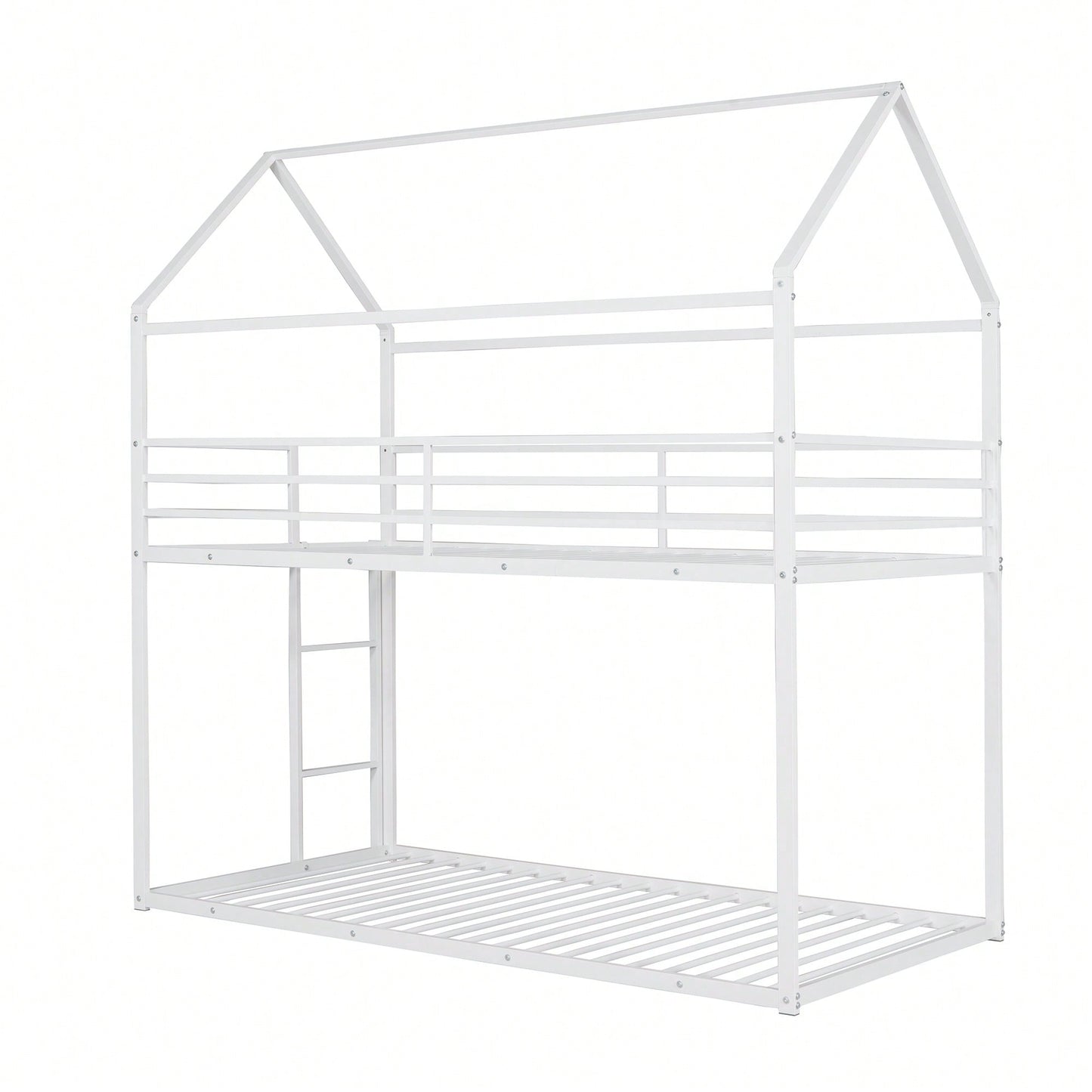 Twin Over Twin Metal Bunk Bed Frame For Kids With Built-In Ladder - No Box Spring Required - White Finish