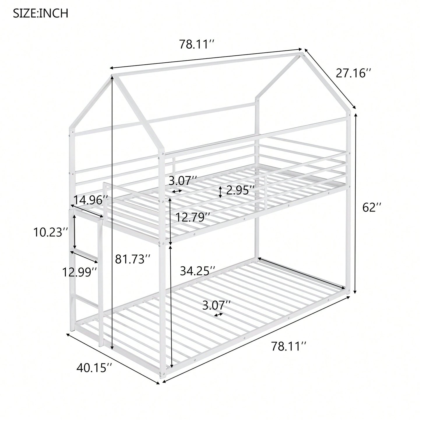 Twin Over Twin Metal Bunk Bed Frame For Kids With Built-In Ladder - No Box Spring Required - White Finish