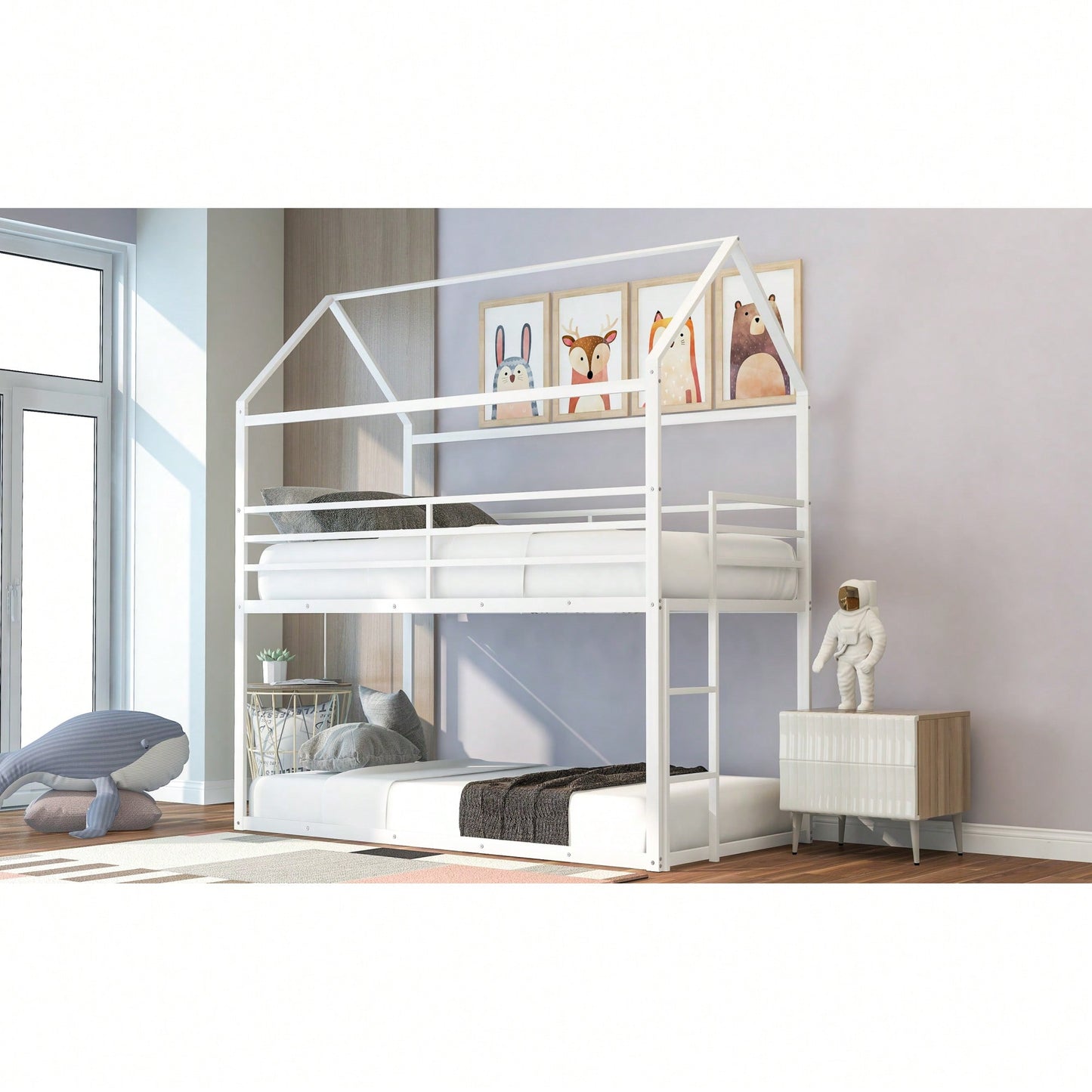 Twin Over Twin Metal Bunk Bed Frame For Kids With Built-In Ladder - No Box Spring Required - White Finish
