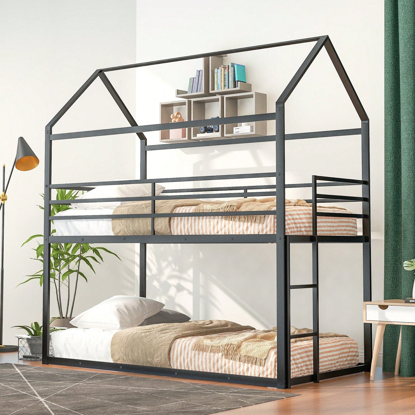 Twin Over Twin Metal Bunk Bed Frame For Kids With Built-In Ladder - No Box Spring Required - White Finish
