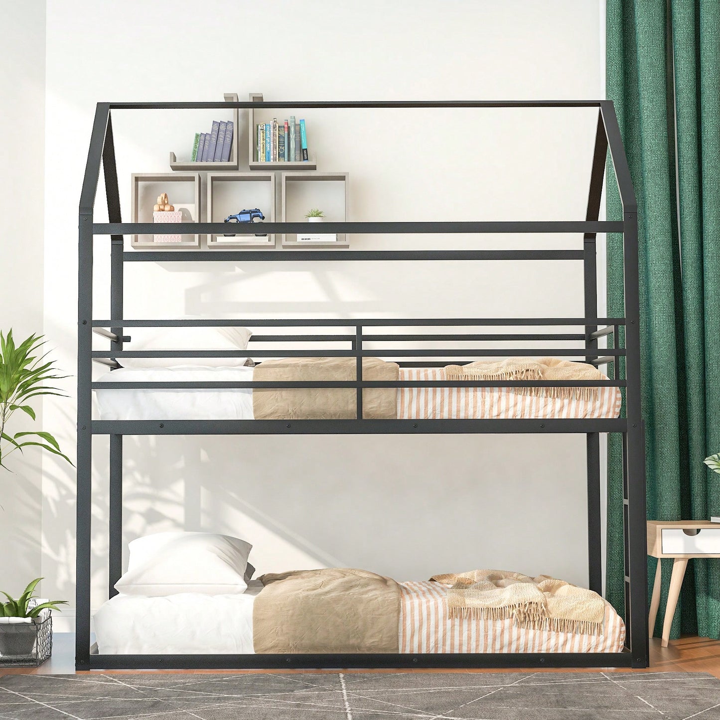 Twin Over Twin Metal Bunk Bed Frame For Kids With Built-In Ladder - No Box Spring Required - White Finish
