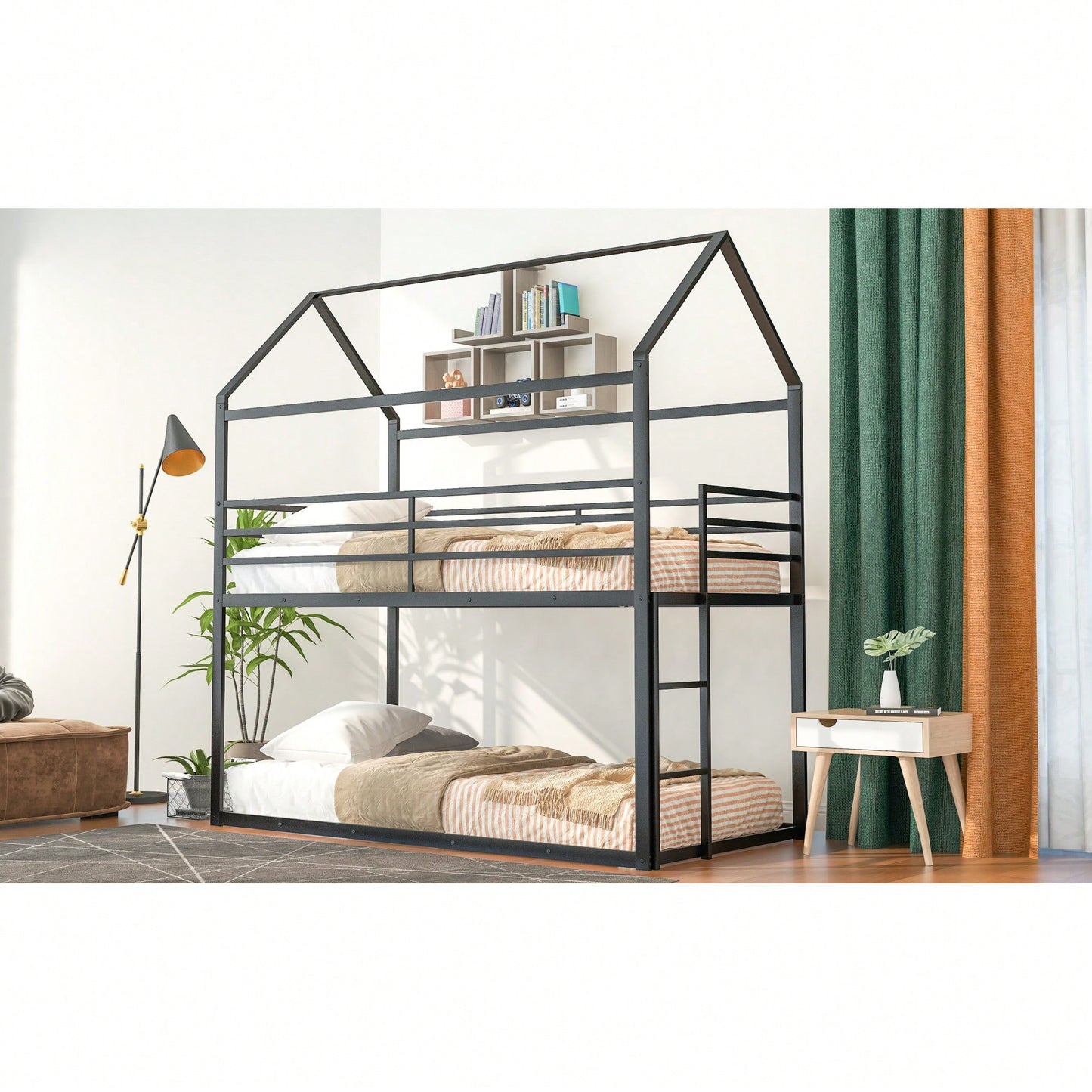 Twin Over Twin Metal Bunk Bed Frame For Kids With Built-In Ladder - No Box Spring Required - White Finish