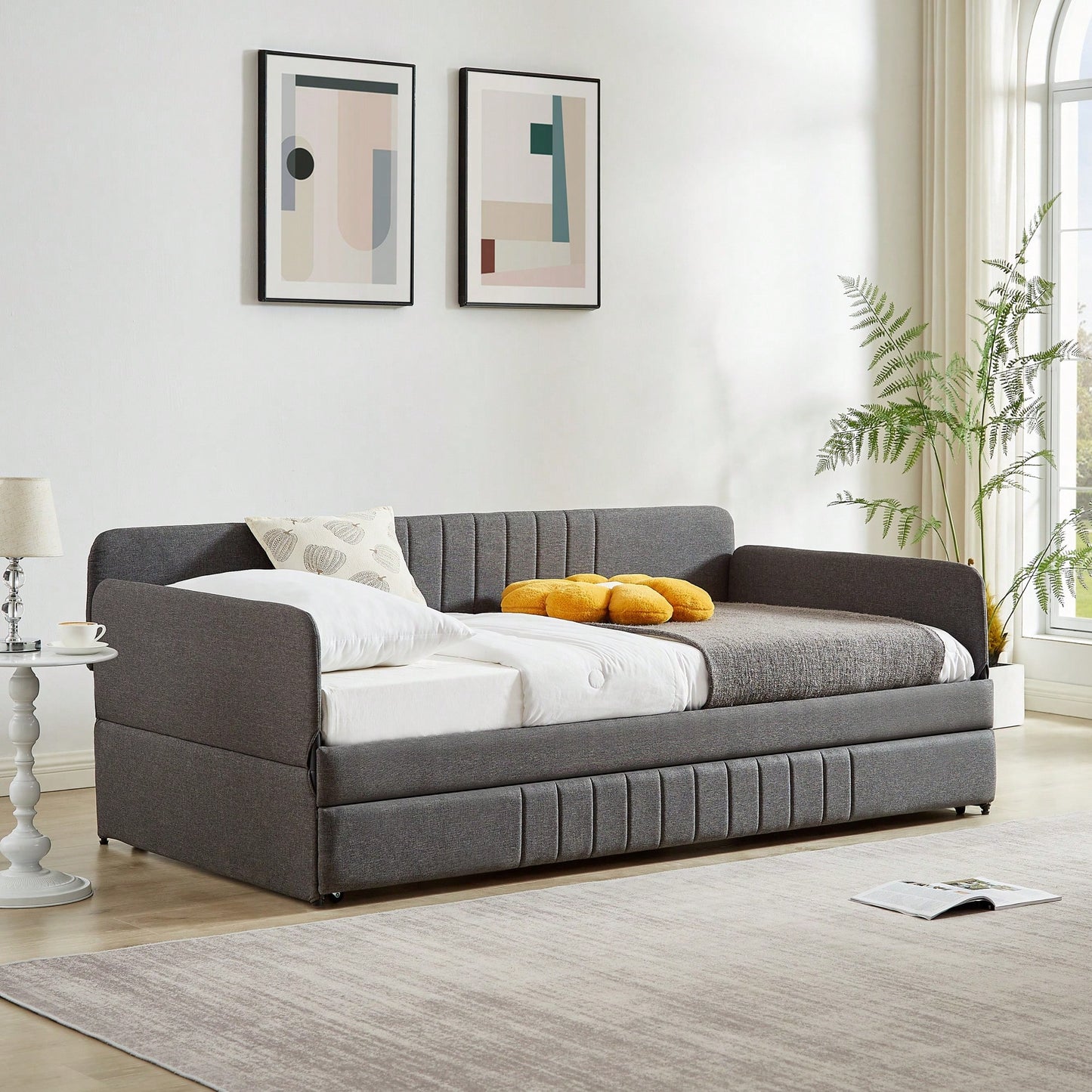 Twin Size Metal Framed Daybed Sofa Bed With Trundle 78.4''w X 41''d X 29.8''h Grey