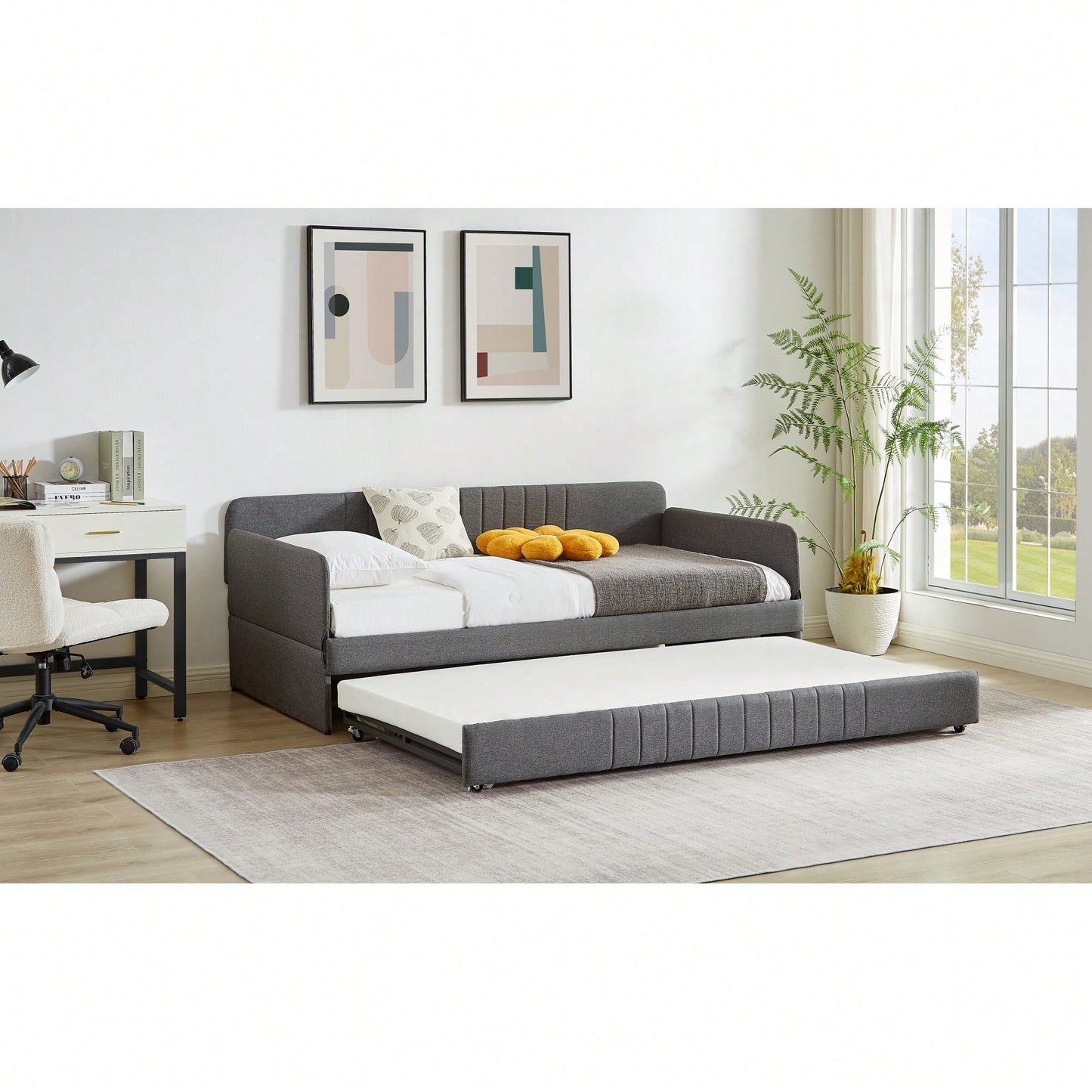 Twin Size Metal Framed Daybed Sofa Bed With Trundle 78.4''w X 41''d X 29.8''h Grey