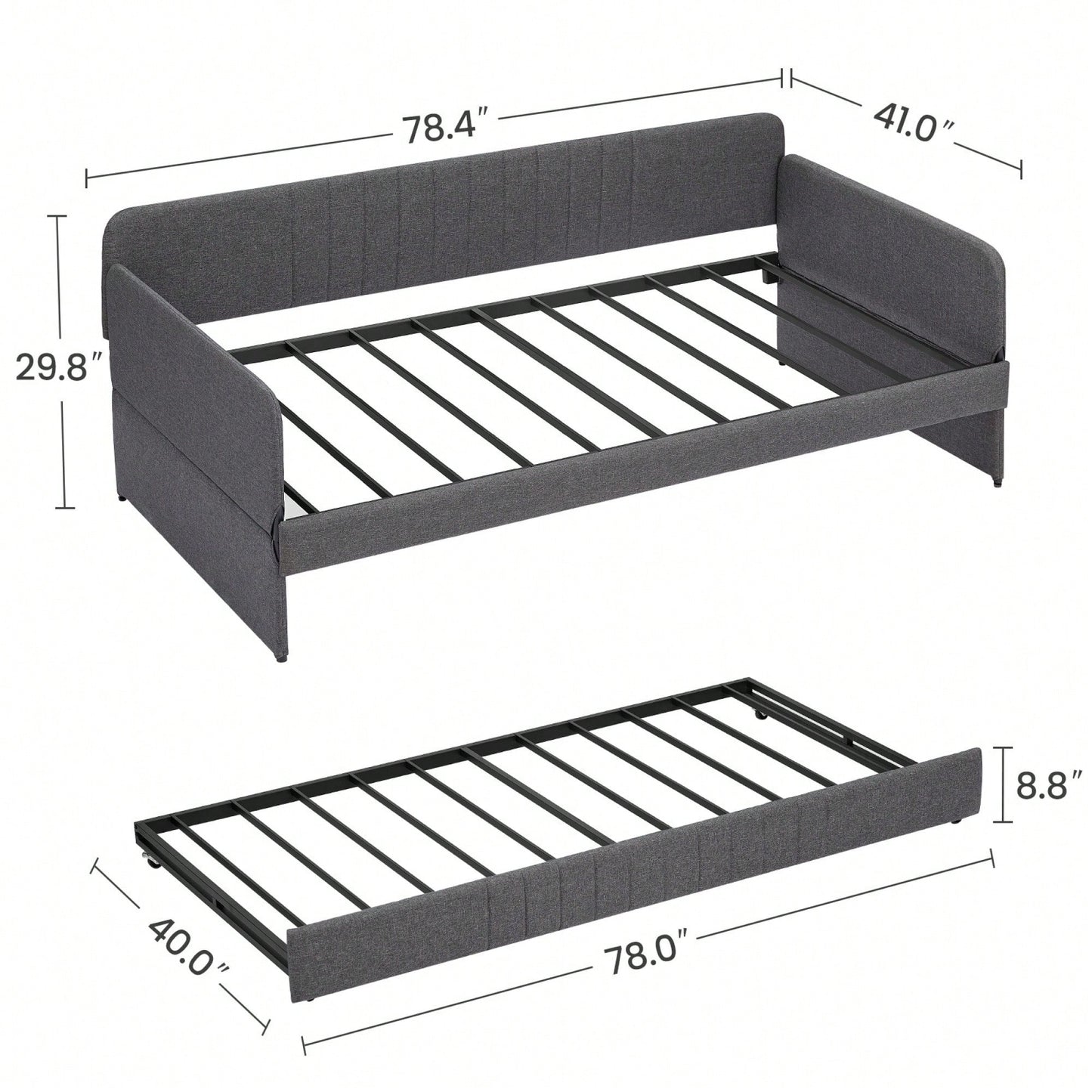 Twin Size Metal Framed Daybed Sofa Bed With Trundle 78.4''w X 41''d X 29.8''h Grey