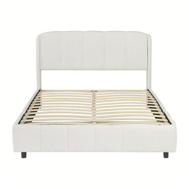 Elegant Beige Boucle Fabric Queen Size Platform Bed With Curved Headboard And Easy Assembly