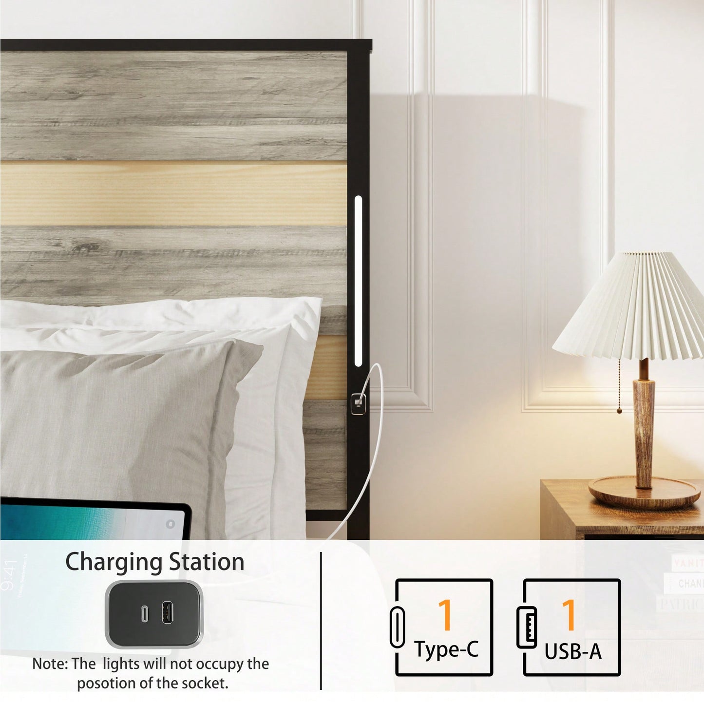 Industrial Gray Queen Bed Frame With Headboard, 4 Storage Drawers, Charging Station, LED Lights, Wood Slats, Easy Assembly, No Box Spring Needed