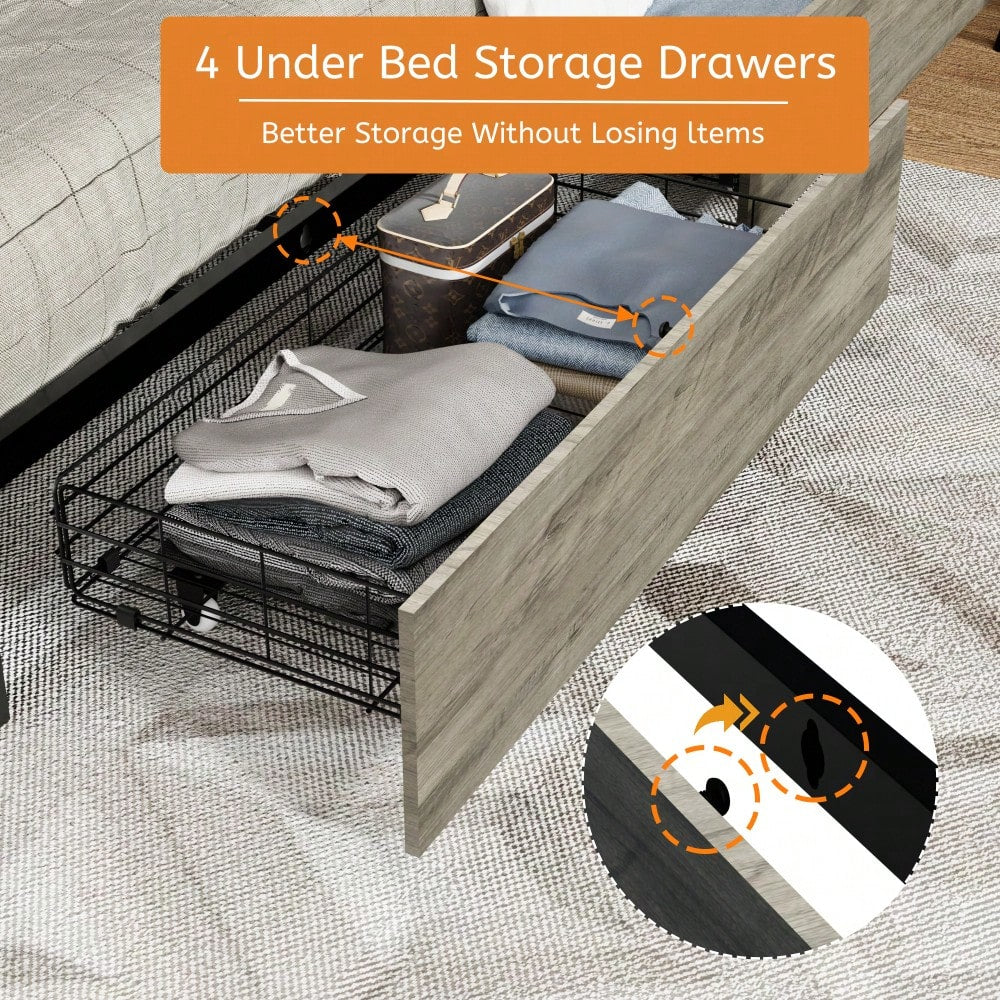 Industrial Gray Queen Bed Frame With Headboard, 4 Storage Drawers, Charging Station, LED Lights, Wood Slats, Easy Assembly, No Box Spring Needed
