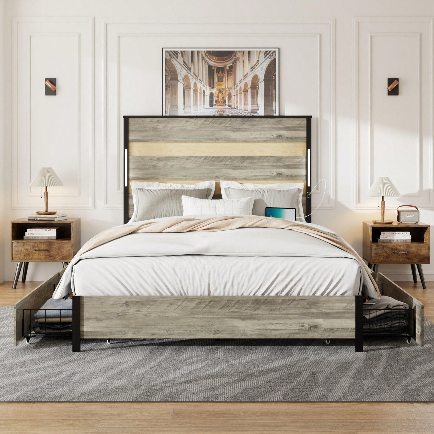 Industrial Gray Queen Bed Frame With Headboard, 4 Storage Drawers, Charging Station, LED Lights, Wood Slats, Easy Assembly, No Box Spring Needed