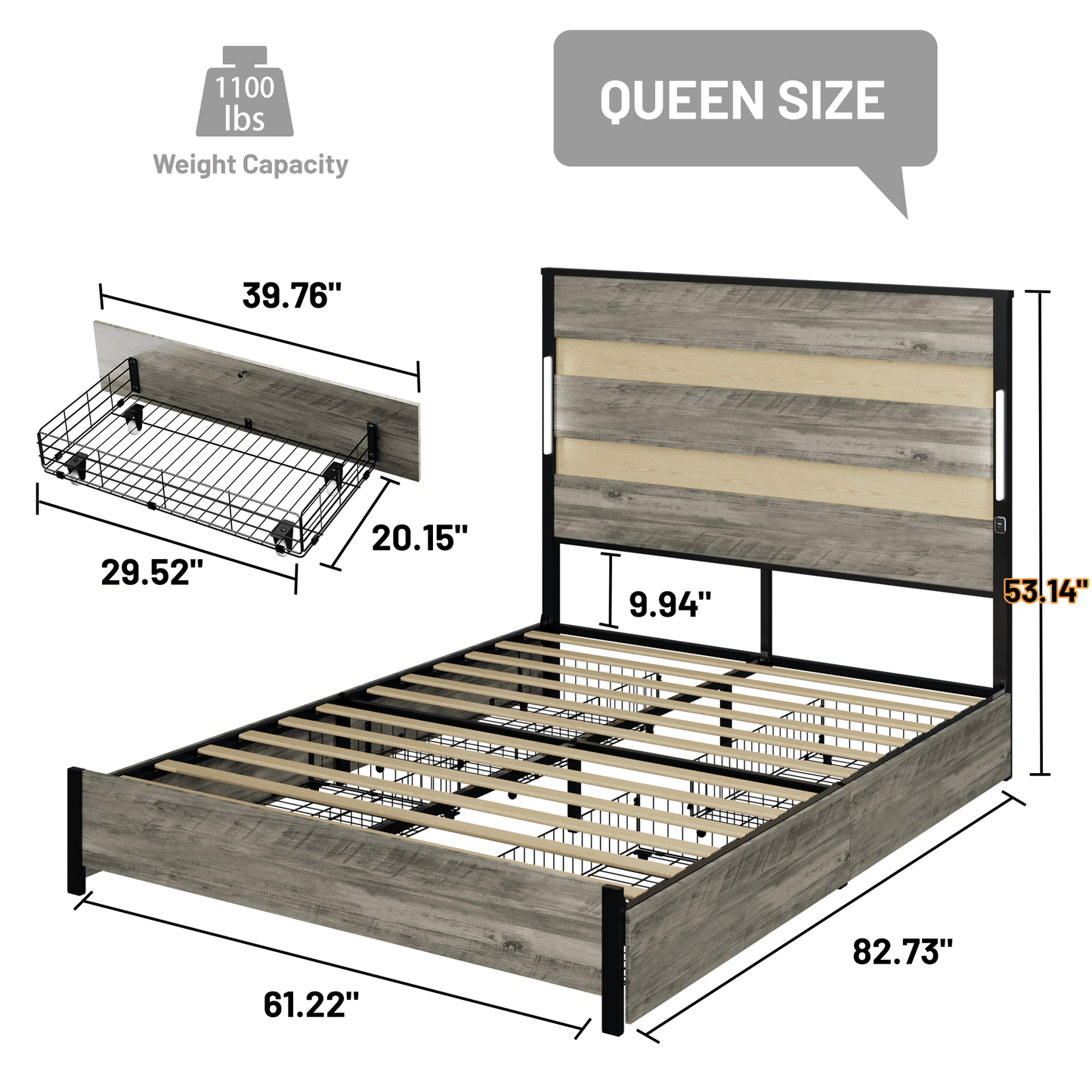 Industrial Gray Queen Bed Frame With Headboard, 4 Storage Drawers, Charging Station, LED Lights, Wood Slats, Easy Assembly, No Box Spring Needed