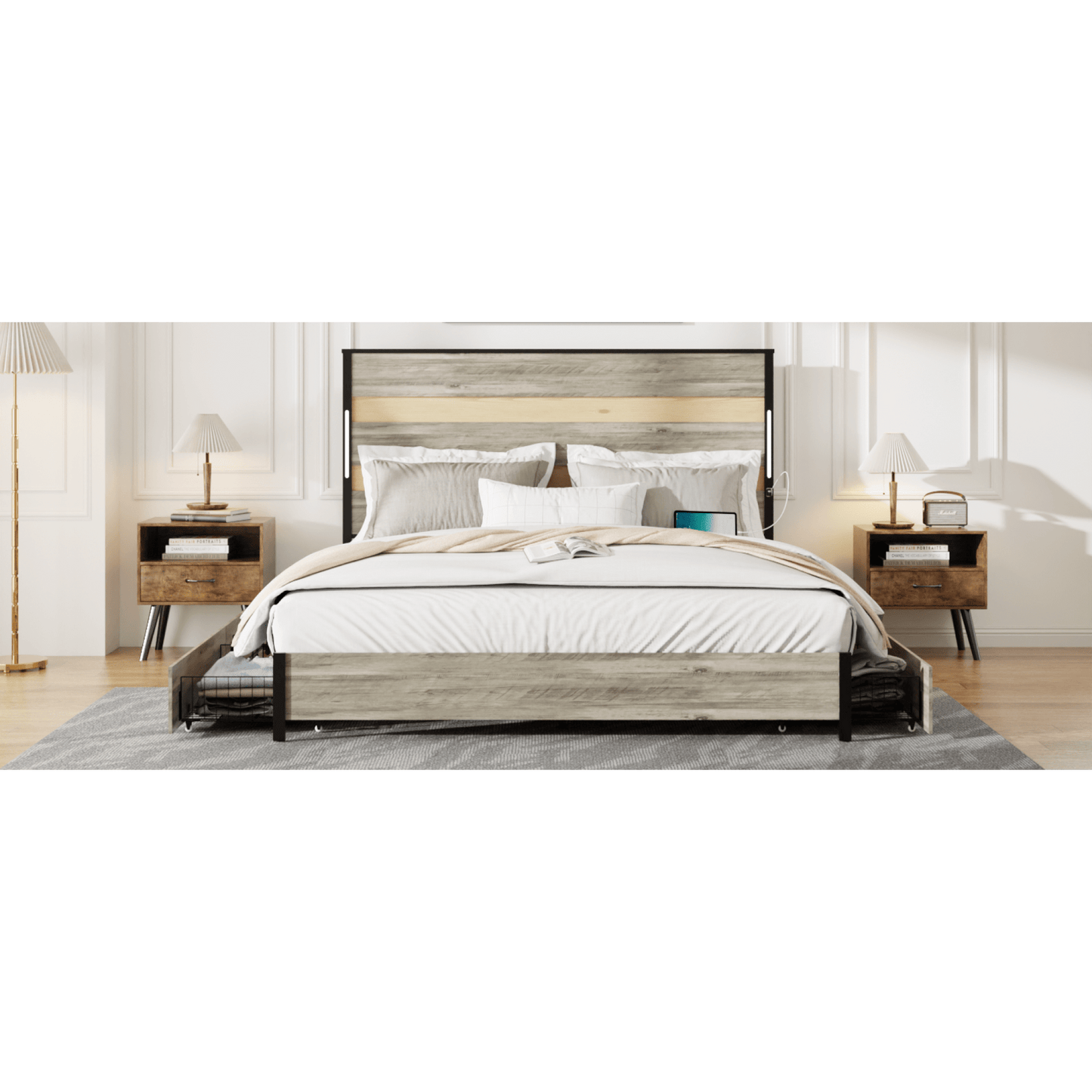 Industrial Gray Queen Bed Frame With Headboard, 4 Storage Drawers, Charging Station, LED Lights, Wood Slats, Easy Assembly, No Box Spring Needed