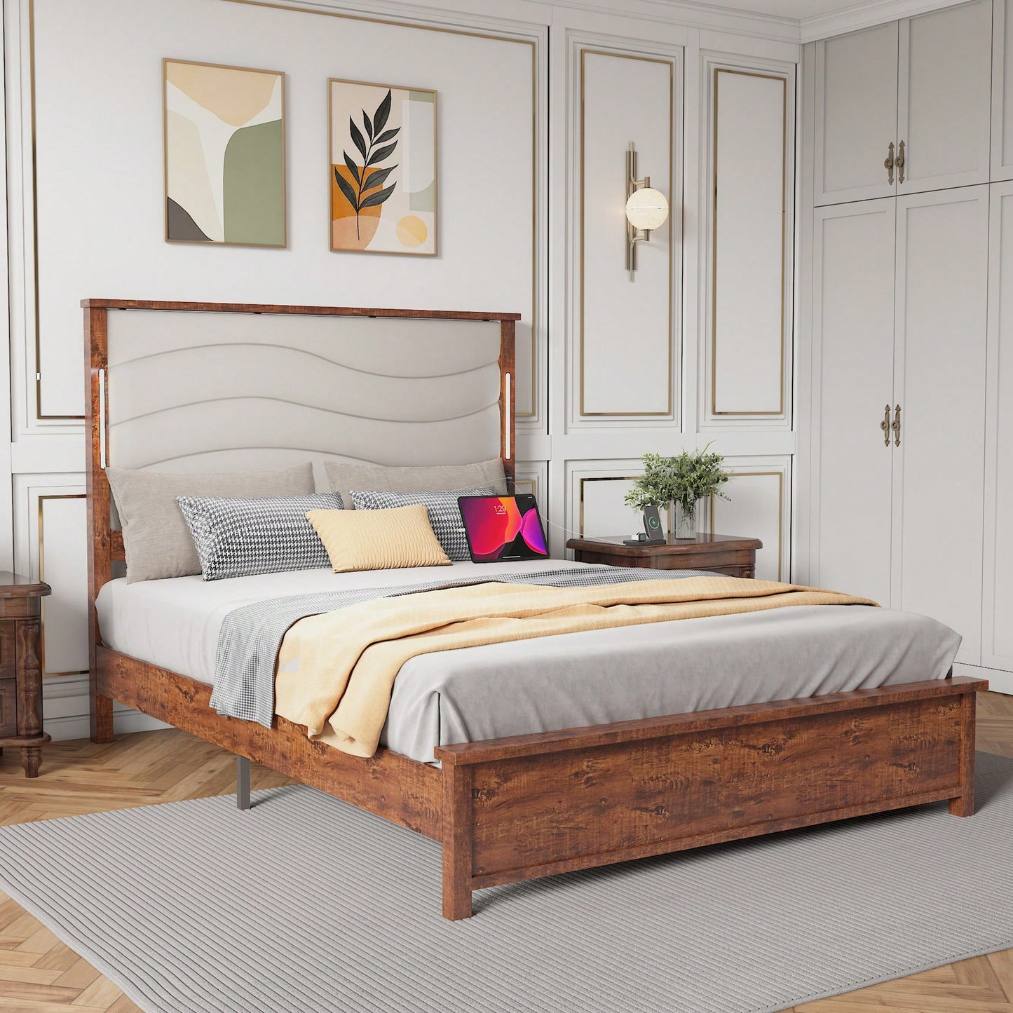 King Size Upholstered Bed Frame With Charging Station And LED Lights, Wood Slats, No Box Spring Required, Easy Assembly, Beige Linen
