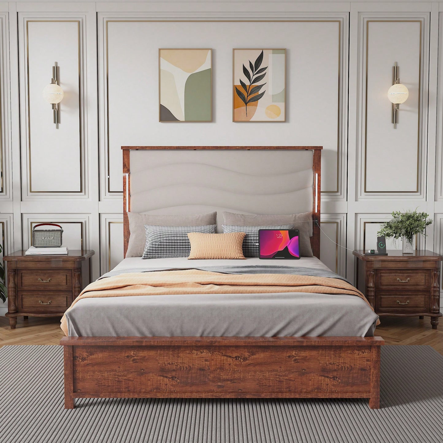 King Size Upholstered Bed Frame With Charging Station And LED Lights, Wood Slats, No Box Spring Required, Easy Assembly, Beige Linen