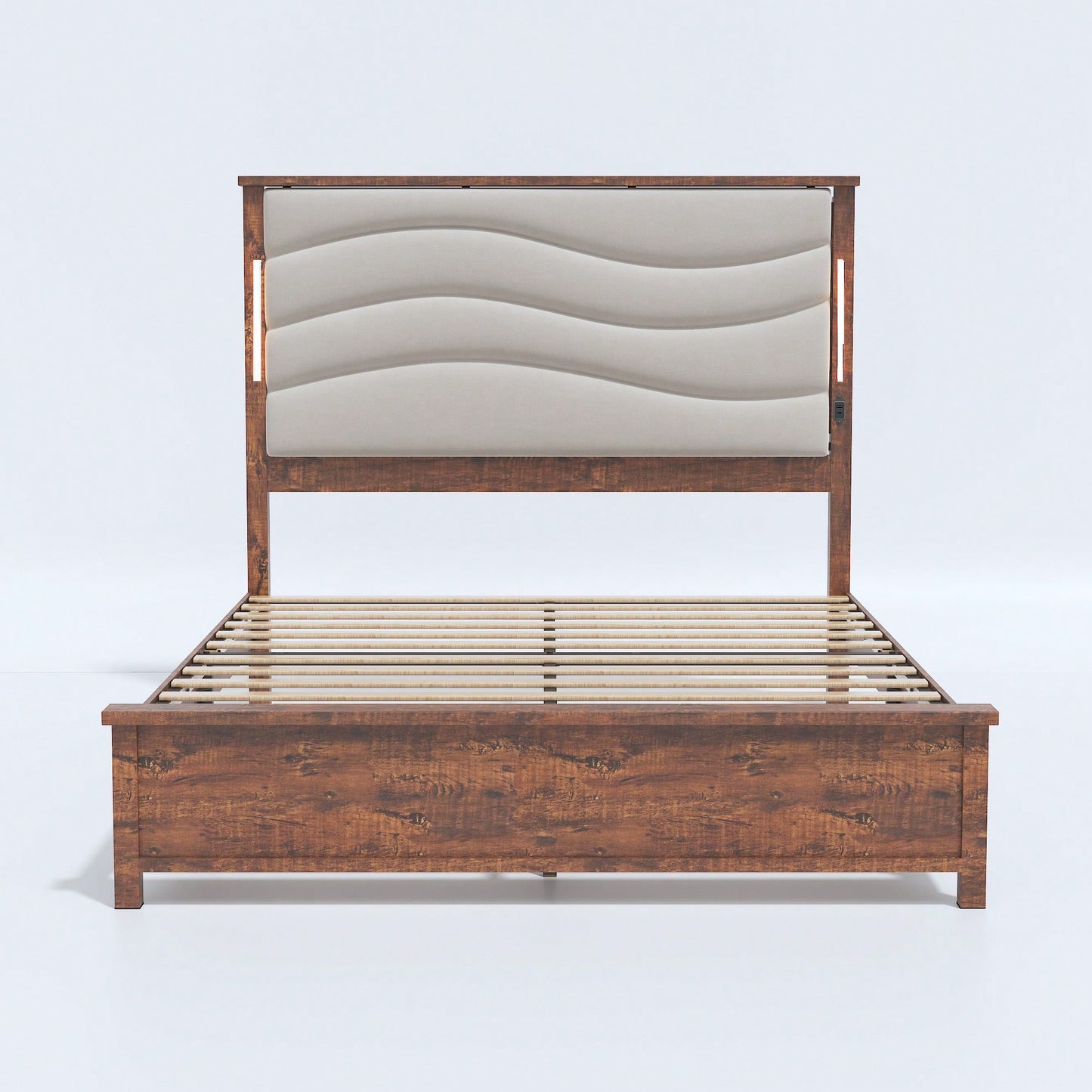 King Size Upholstered Bed Frame With Charging Station And LED Lights, Wood Slats, No Box Spring Required, Easy Assembly, Beige Linen