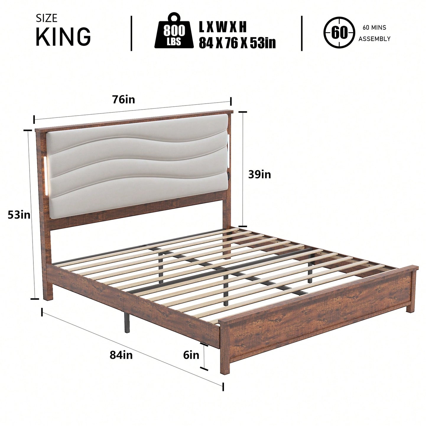 King Size Upholstered Bed Frame With Charging Station And LED Lights, Wood Slats, No Box Spring Required, Easy Assembly, Beige Linen