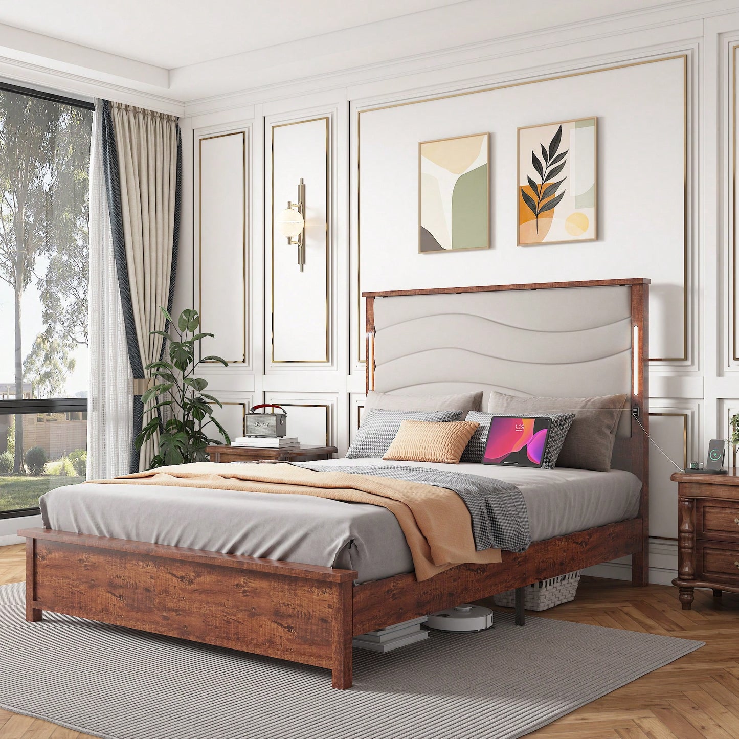 King Size Upholstered Bed Frame With Charging Station And LED Lights, Wood Slats, No Box Spring Required, Easy Assembly, Beige Linen