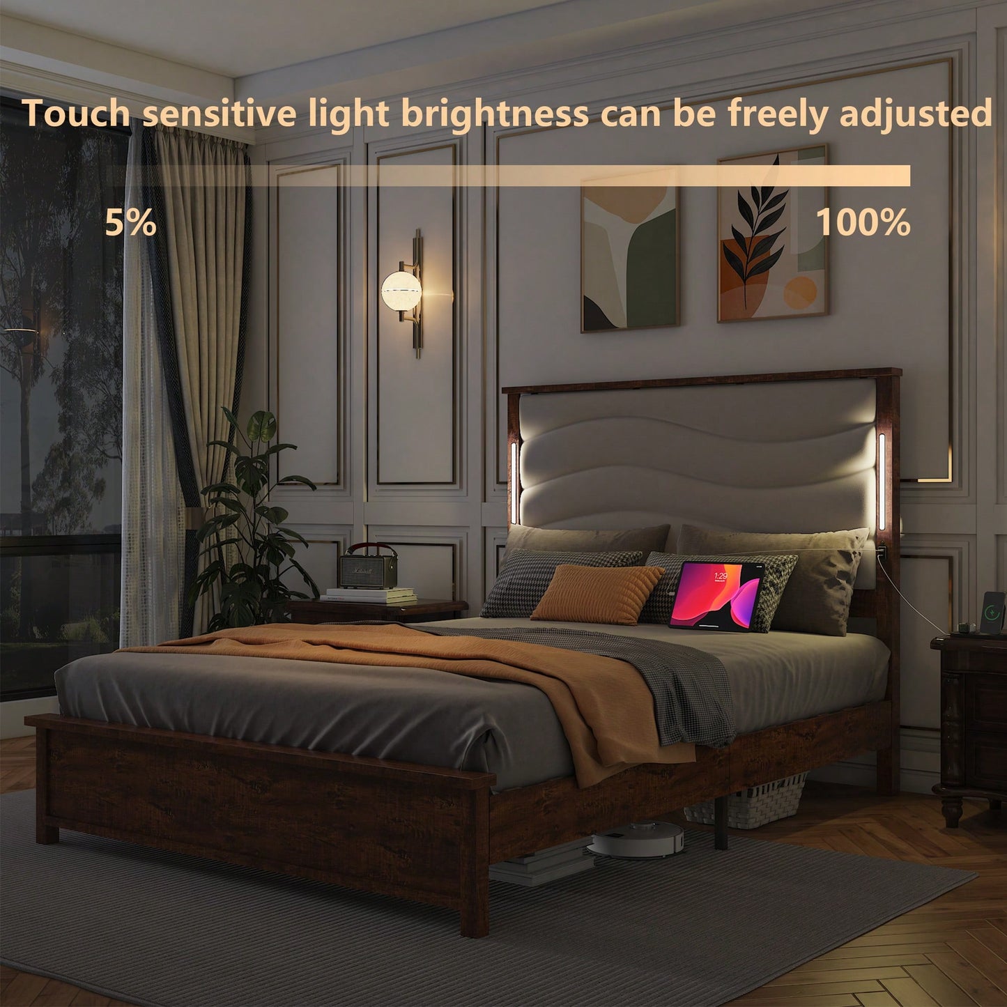 King Size Upholstered Bed Frame With Charging Station And LED Lights, Wood Slats, No Box Spring Required, Easy Assembly, Beige Linen