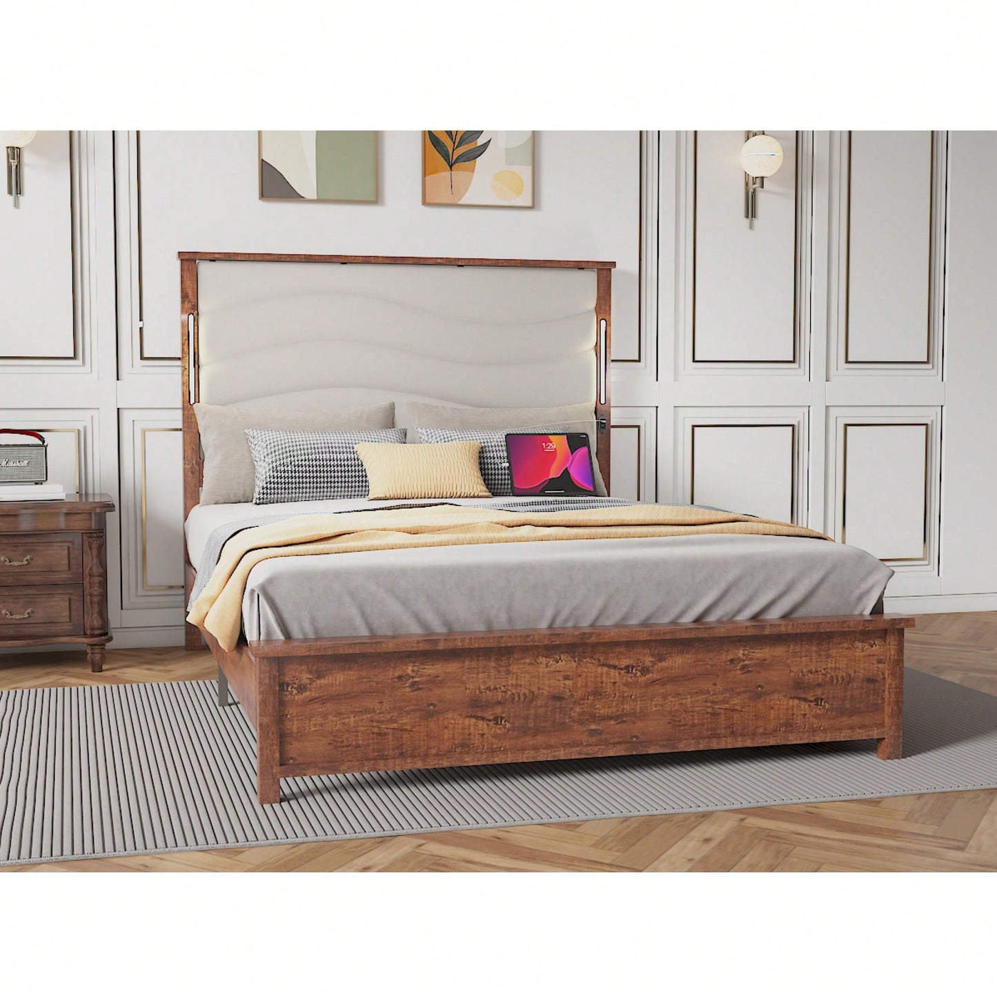 King Size Upholstered Bed Frame With Charging Station And LED Lights, Wood Slats, No Box Spring Required, Easy Assembly, Beige Linen