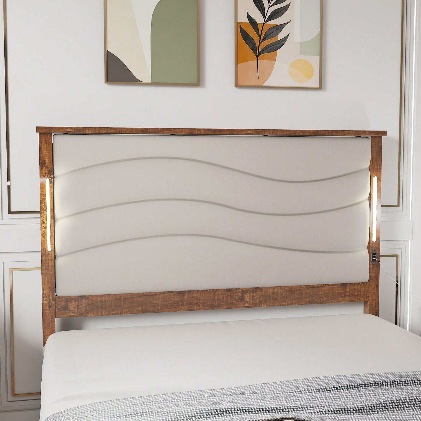 King Size Upholstered Bed Frame With Charging Station And LED Lights, Wood Slats, No Box Spring Required, Easy Assembly, Beige Linen