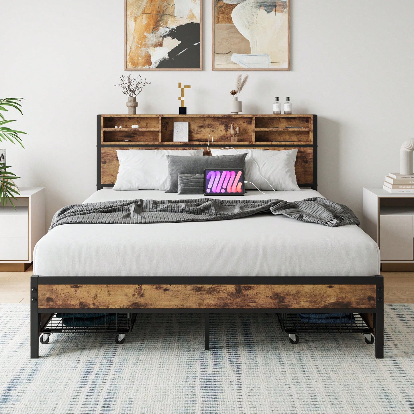 Queen Size Metal Platform Bed Frame With Wooden Headboard And Charging Station, 4 Storage Drawers, No Box Spring Needed, Noise-Free Easy Assembly