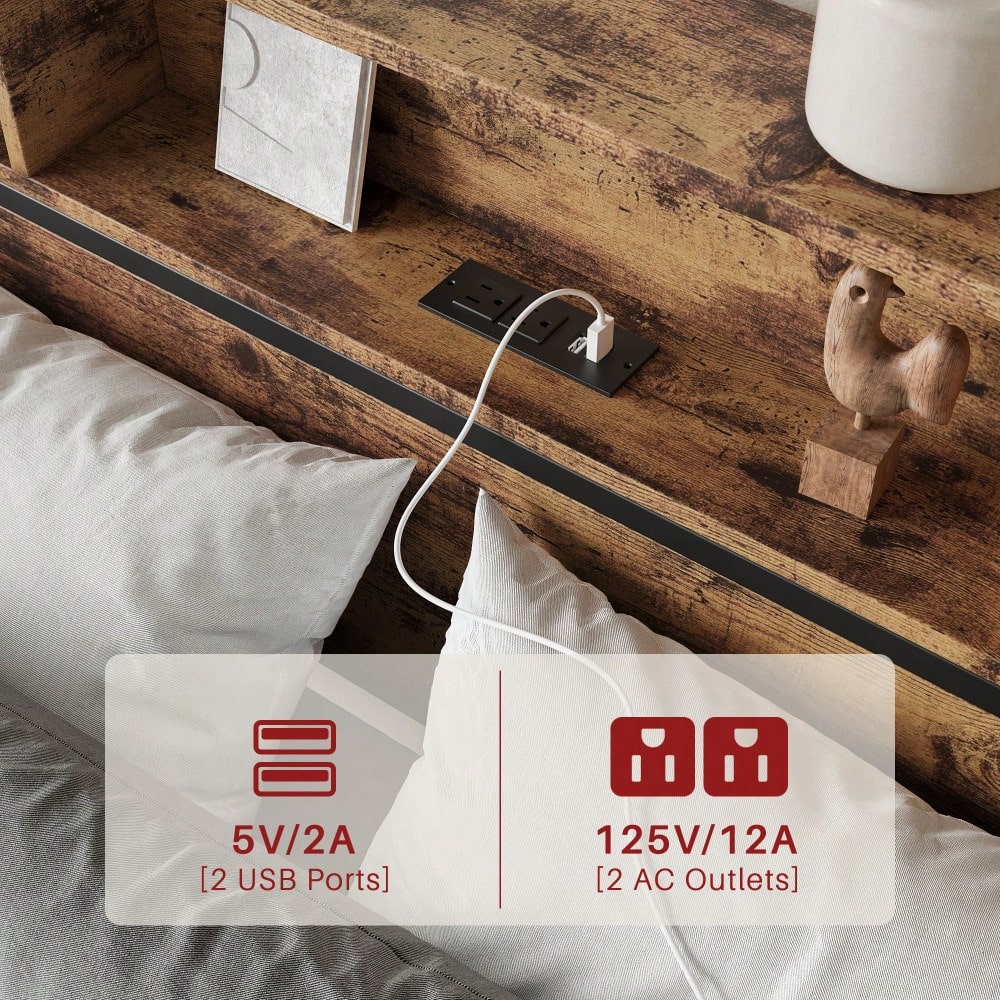 Queen Size Metal Platform Bed Frame With Wooden Headboard And Charging Station, 4 Storage Drawers, No Box Spring Needed, Noise-Free Easy Assembly