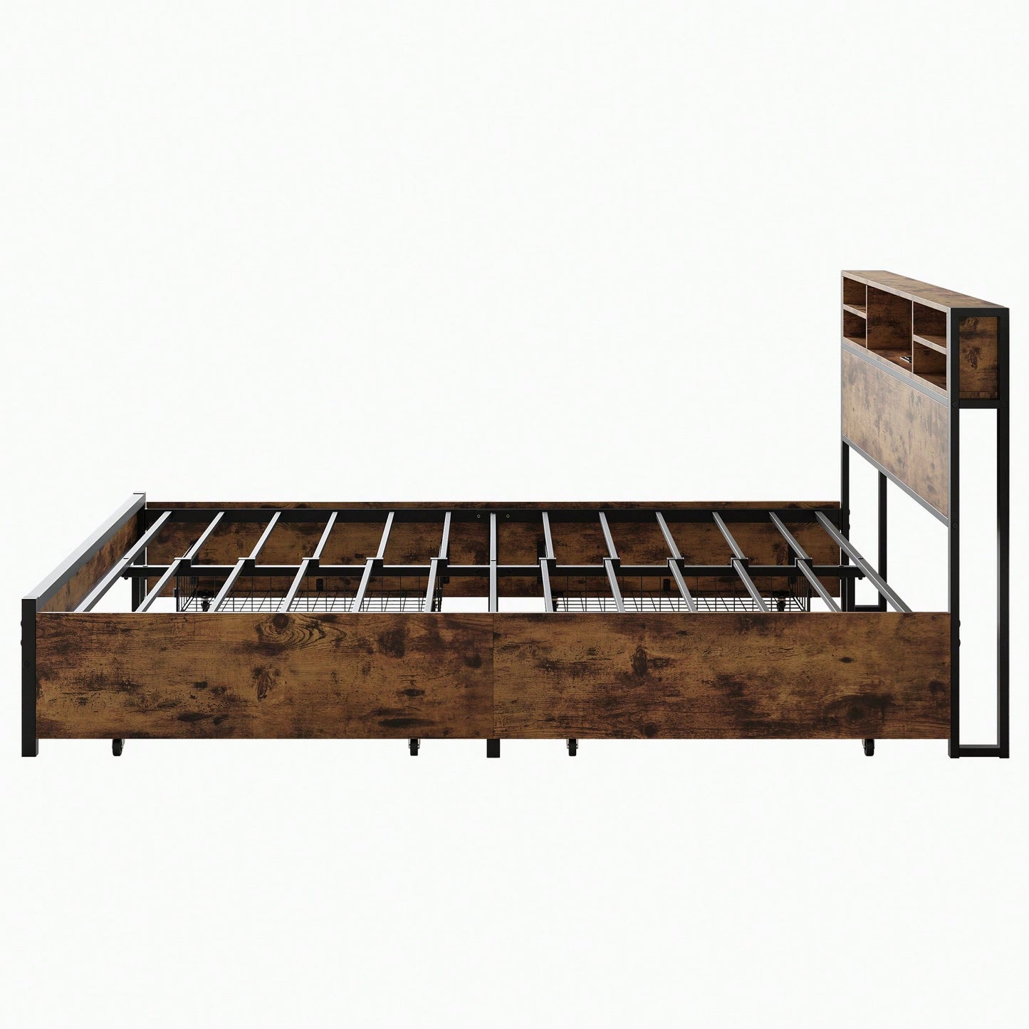 Queen Size Metal Platform Bed Frame With Wooden Headboard And Charging Station, 4 Storage Drawers, No Box Spring Needed, Noise-Free Easy Assembly