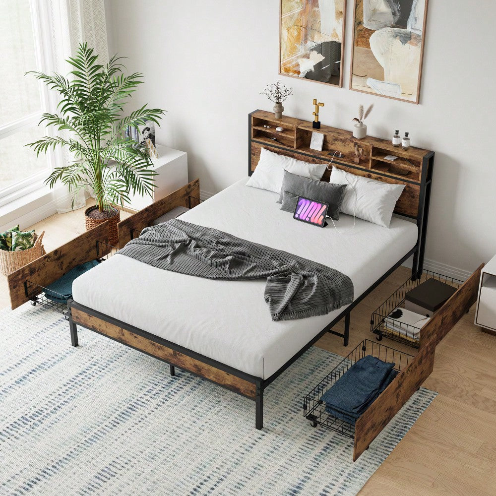 Queen Size Metal Platform Bed Frame With Wooden Headboard And Charging Station, 4 Storage Drawers, No Box Spring Needed, Noise-Free Easy Assembly