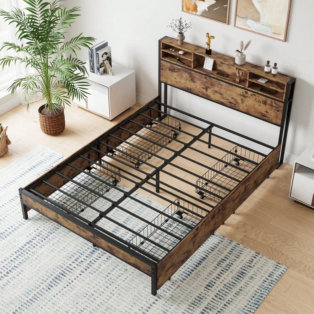 Queen Size Metal Platform Bed Frame With Wooden Headboard And Charging Station, 4 Storage Drawers, No Box Spring Needed, Noise-Free Easy Assembly