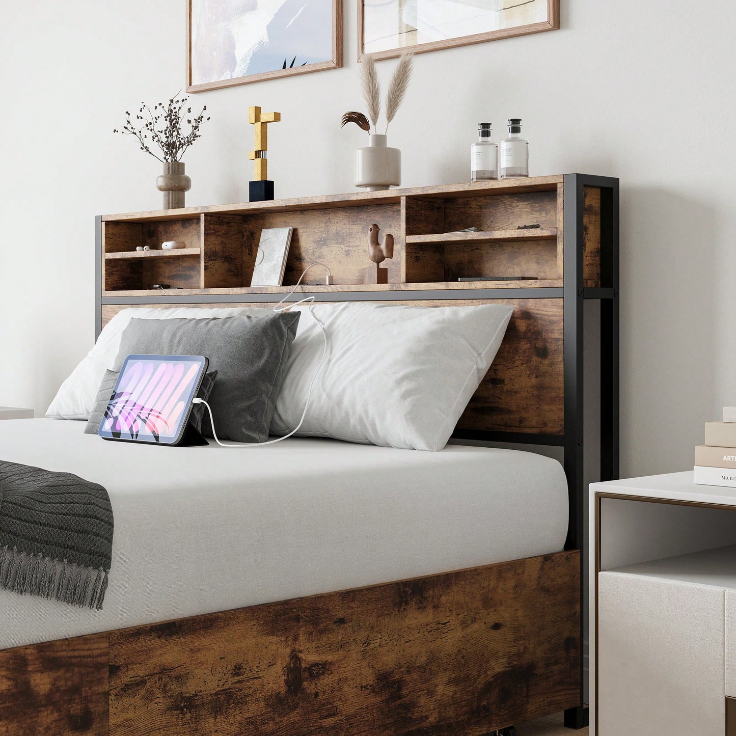 Queen Size Metal Platform Bed Frame With Wooden Headboard And Charging Station, 4 Storage Drawers, No Box Spring Needed, Noise-Free Easy Assembly