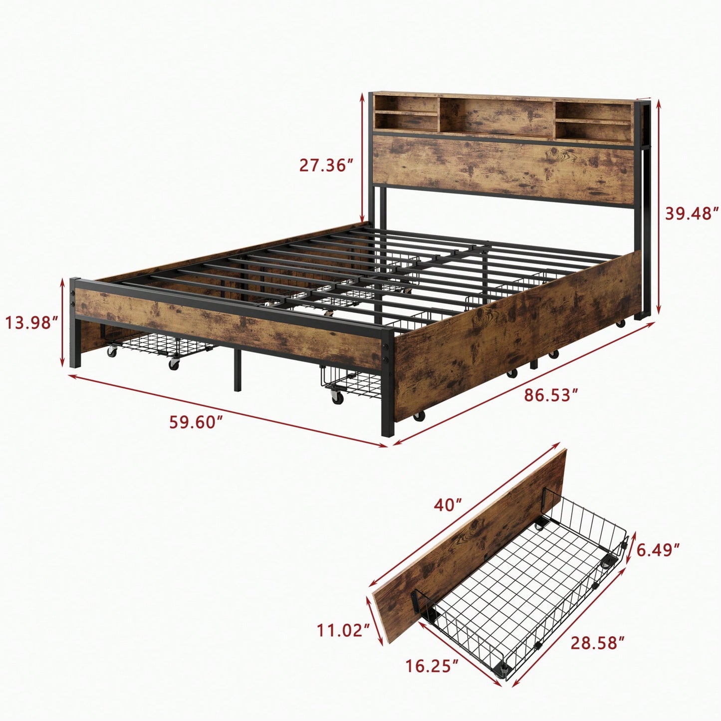 Queen Size Metal Platform Bed Frame With Wooden Headboard And Charging Station, 4 Storage Drawers, No Box Spring Needed, Noise-Free Easy Assembly