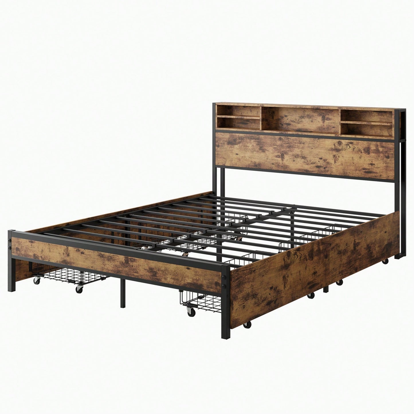 Queen Size Metal Platform Bed Frame With Wooden Headboard And Charging Station, 4 Storage Drawers, No Box Spring Needed, Noise-Free Easy Assembly