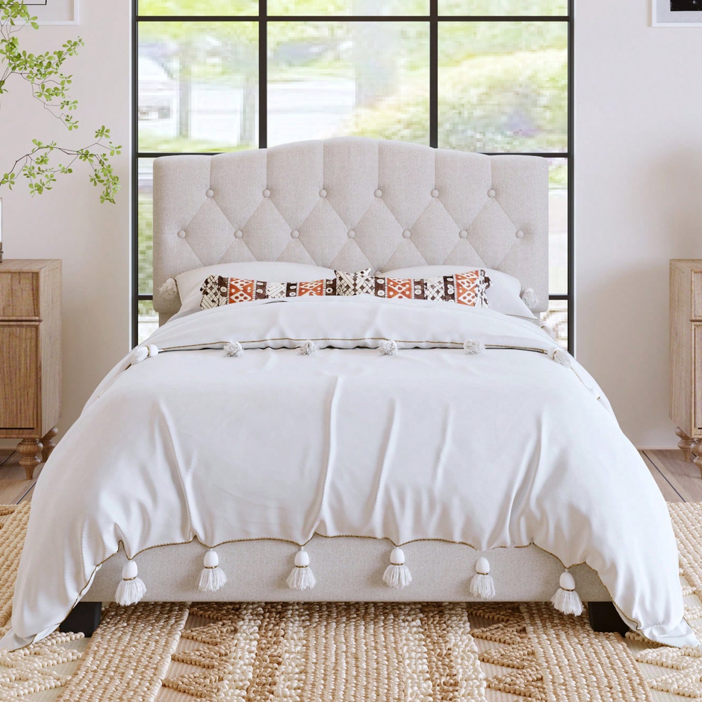 Upholstered Full Platform Bed With Saddle Curved Headboard And Diamond Tufted Design Beige