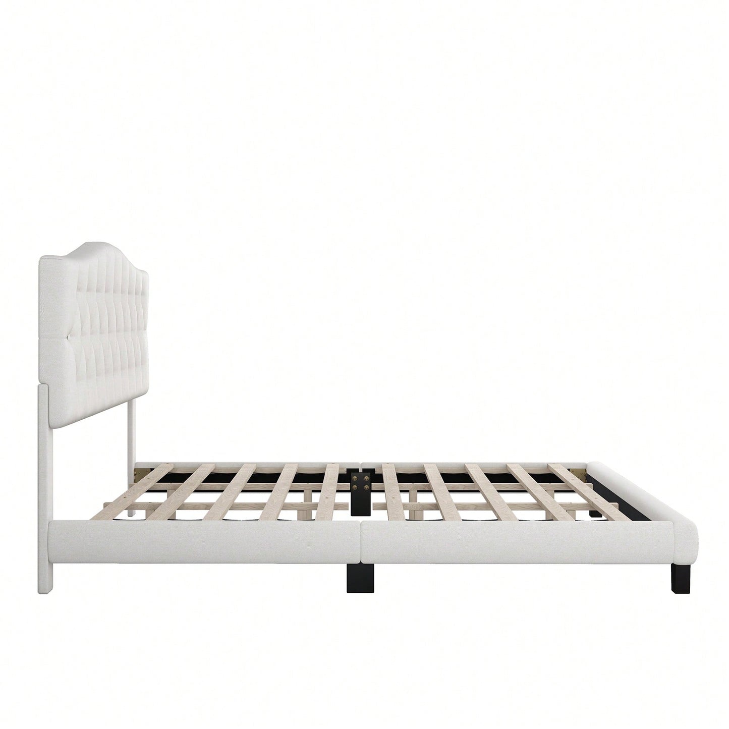 Upholstered Full Platform Bed With Saddle Curved Headboard And Diamond Tufted Design Beige