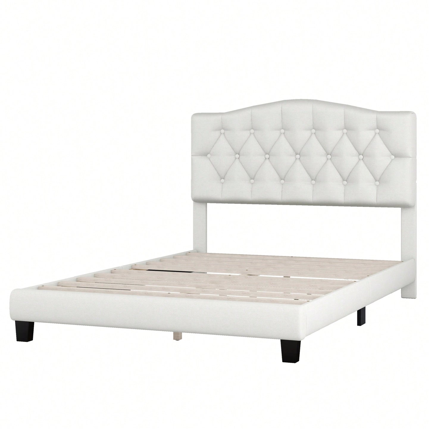 Upholstered Full Platform Bed With Saddle Curved Headboard And Diamond Tufted Design Beige