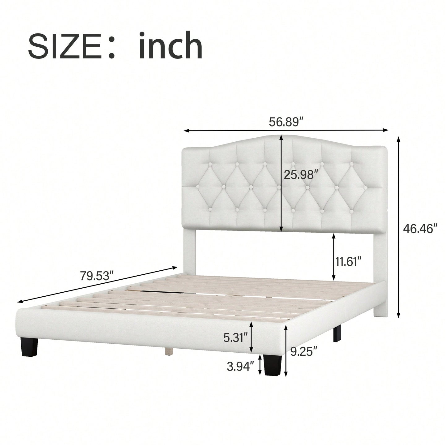 Upholstered Full Platform Bed With Saddle Curved Headboard And Diamond Tufted Design Beige