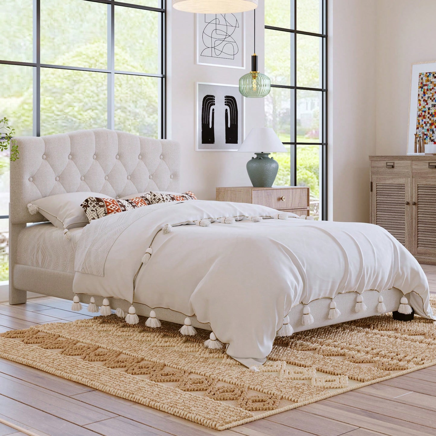 Upholstered Full Platform Bed With Saddle Curved Headboard And Diamond Tufted Design Beige